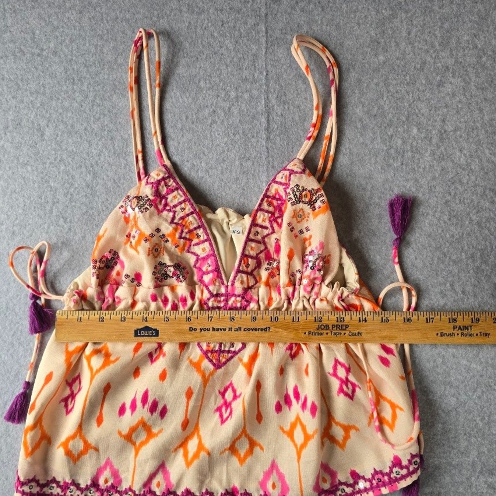 Boho Ikat‎ Print Cami Top Women XS Pink Orange Sequin Tassel Festival Babydoll - Picture 8 of 12